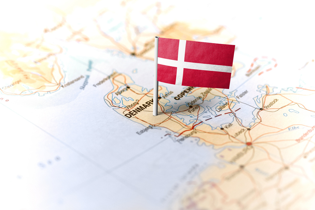 Denmark pinned on the map with flag