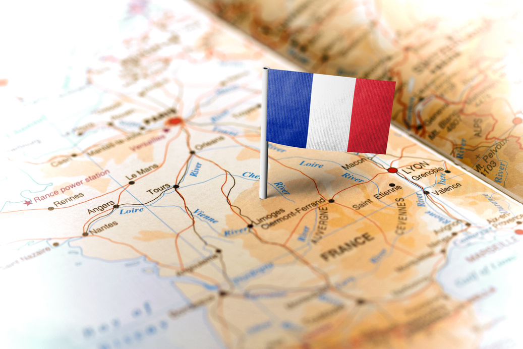 France pinned on the map with flag